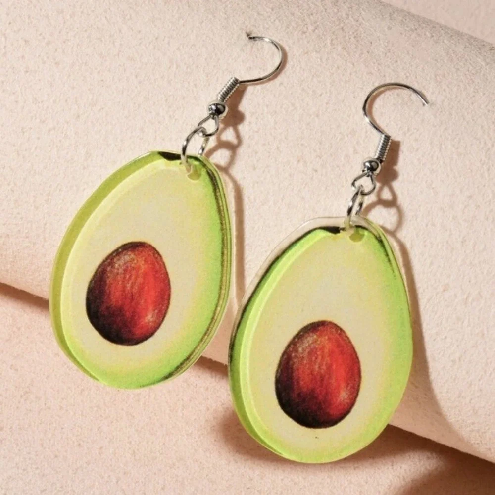 Avocado Drop PMMA Earrings New with Tags Stainless Hook Lightweight Silver Cute